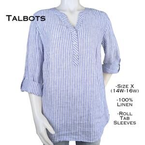 Talbots Popover Tunic Size X Blue White Striped Linen Roll Tab Sleeve Coastal